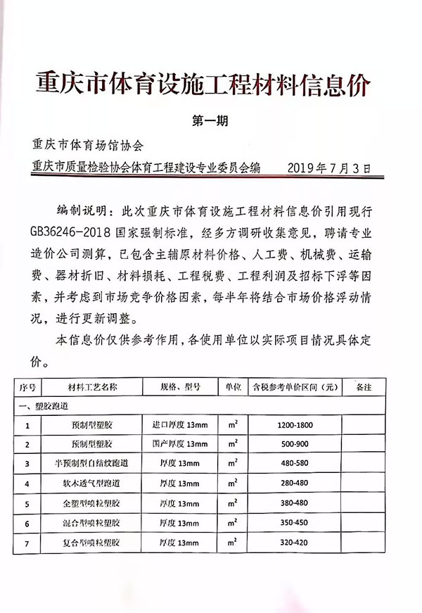 育场地场馆、中小学塑胶跑道建设信息价
